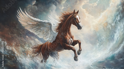 Artistic Style Painting of a Flying Horse with Wings Horse in the Sky Horse in the Clouds with Wings Aspect 16:9