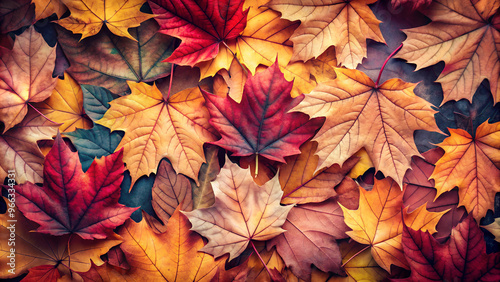 Artistic arrangement of colorful autumn leaves in vibrant reds, yellows, and oranges, creating a textured natural collage