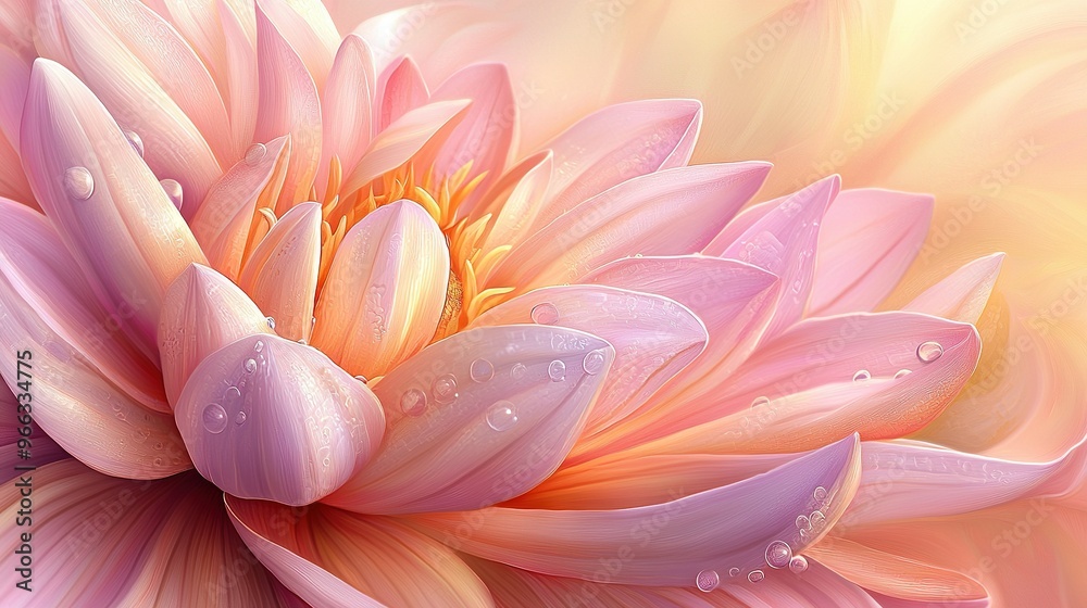 A macro shot of a fuchsia blossom with dew droplets on its petals against a muted ochre backdrop A macro shot of a fuchsia blossom with dew droplets on its petals against a muted ochre backdrop