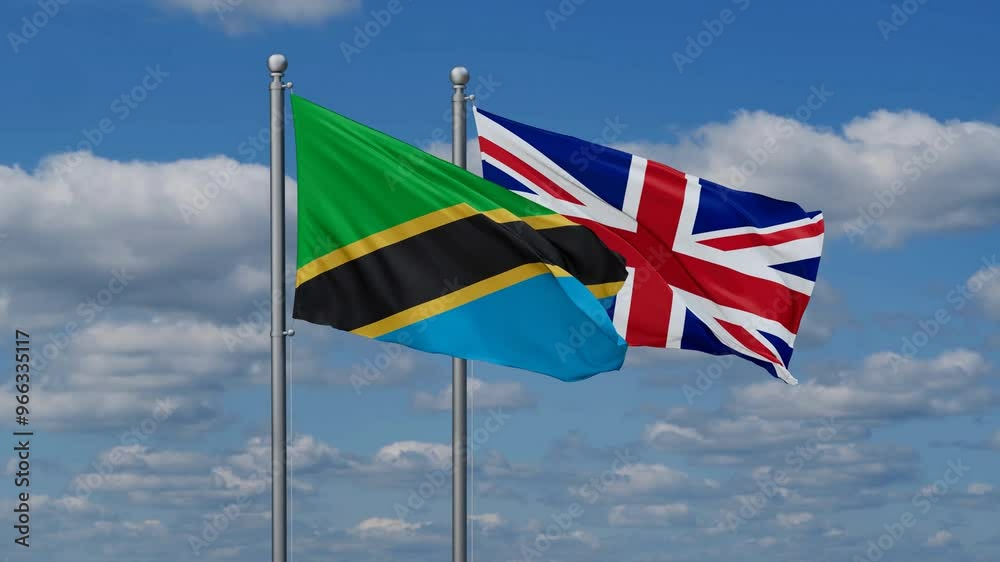 United Kingdom and Tanzania flags flying together, video concept of the relationship, two country cooperation concept United Kingdom and Tanzania flags flying together, video concept of the relationship, two country cooperation concept