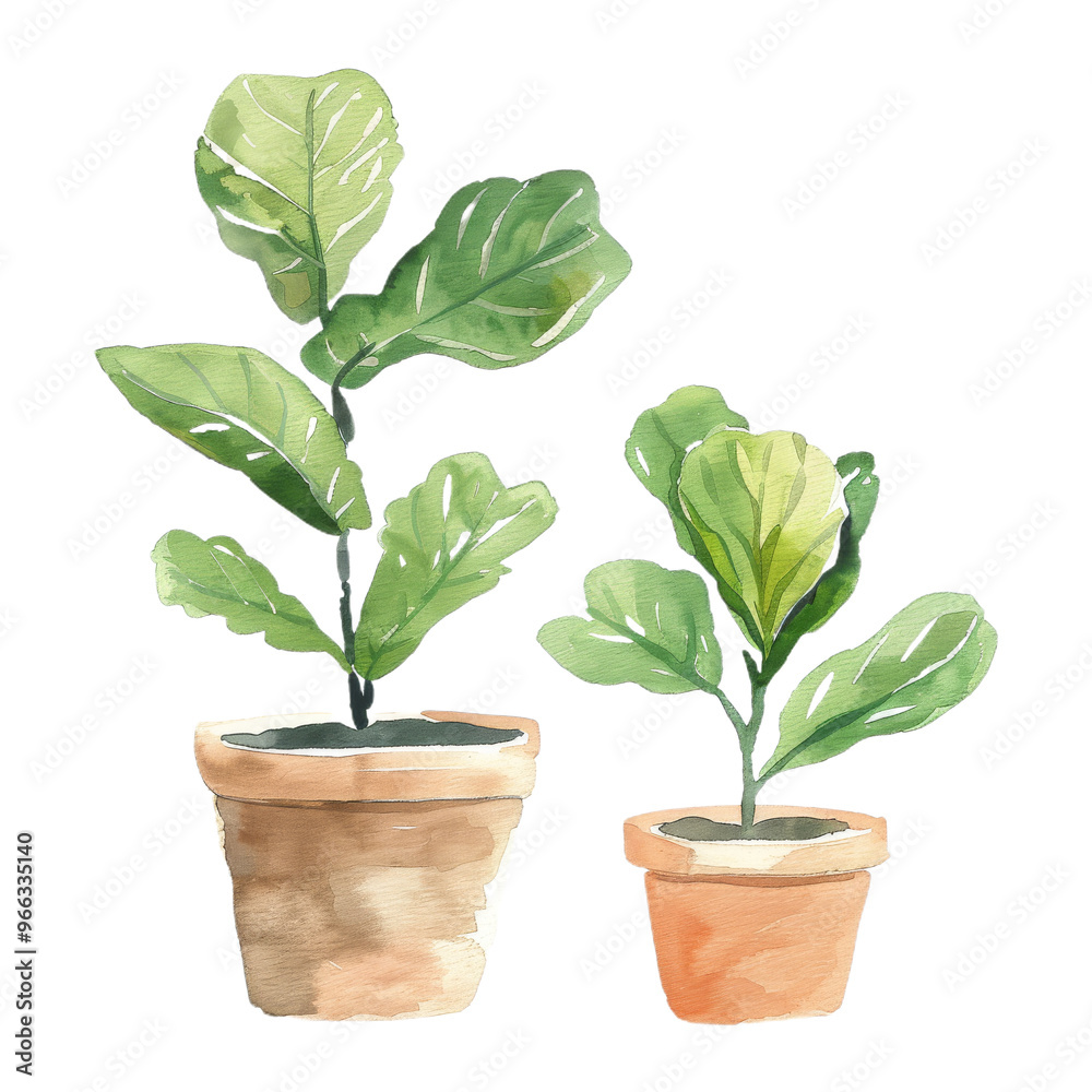 Fototapeta premium Two Potted Fiddle Leaf Fig Plants in Terracotta Pots on Isolated Background