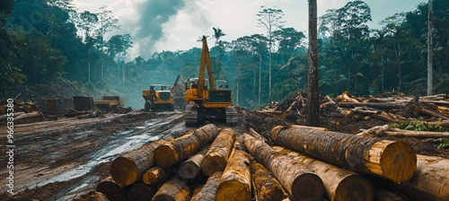 Deforestation in Tropical Rainforest: Heavy Machinery and Piled Logs Highlighting Environmental Impact