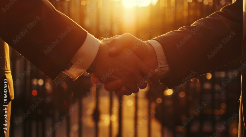 Two business people shake hands at sunset, symbolizing partnership and agreement in a beautiful golden glow.