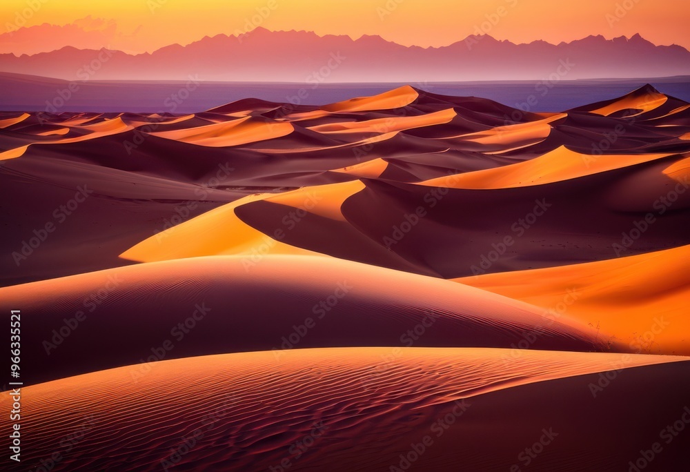 Naklejka premium vibrant sand dunes bathed breathtaking sunset views rich colors textures, desert, landscape, nature, sky, clouds, orange, pink, yellow, lighting, scenery