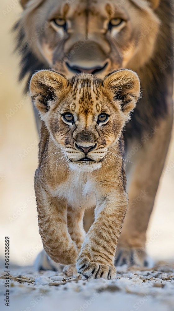 Fototapeta premium Lion Walking with Cub in Nature, Realistic Photo, Wallpaper, Cover and Screen for Smartphone, PC, Laptop, 9:16 and 16:9 Format