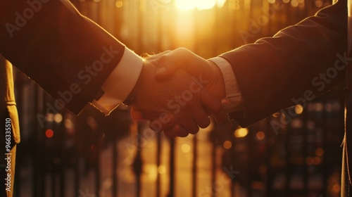 Obraz na płótnie Two business people shake hands at sunset, symbolizing partnership and agreement in a beautiful golden glow. w salonie