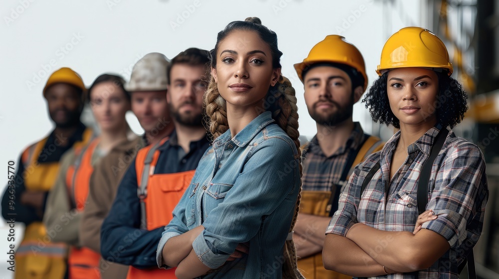 Group of man and women with strong expressions of determination and unity. The group includes construction workers, teachers, laborers, and auto workers, whom represent various ethnic backgrounds. Group of man and women with strong expressions of determination and unity. The group includes construction workers, teachers, laborers, and auto workers, whom represent various ethnic backgrounds.