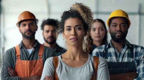 Group of man and women with strong expressions of determination and unity. The group includes construction workers, teachers, laborers, and auto workers, whom represent various ethnic backgrounds. photo