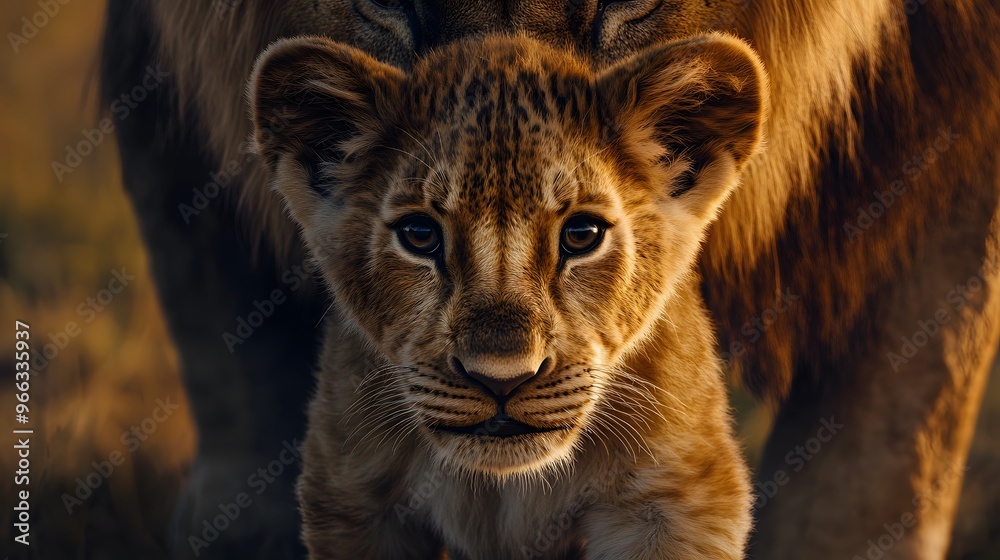 Fototapeta premium Lion Walking with Cub in Nature, Realistic Photo, Wallpaper, Cover and Screen for Smartphone, PC, Laptop, 9:16 and 16:9 Format