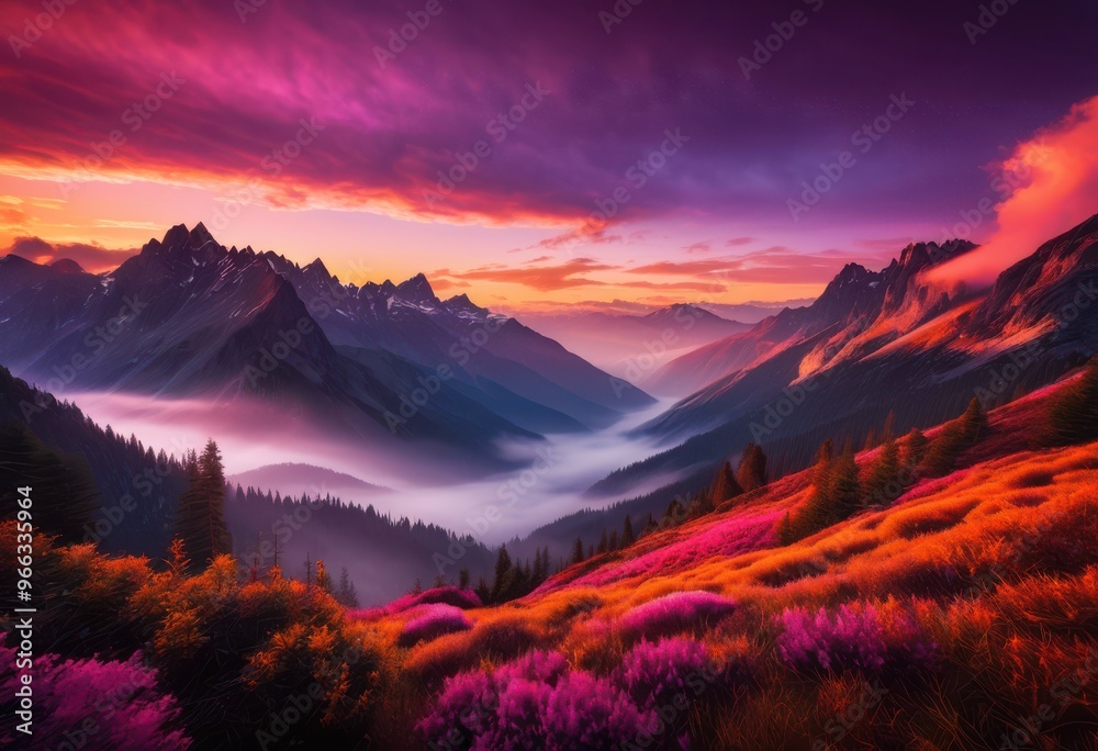 stunning sunrise over vibrant mountain peaks surrounded misty valleys colorful sky, landscape, nature, scenery, cloud, horizon, rock, sunlight, beauty, hill stunning sunrise over vibrant mountain peaks surrounded misty valleys colorful sky, landscape, nature, scenery, cloud, horizon, rock, sunlight, beauty, hill