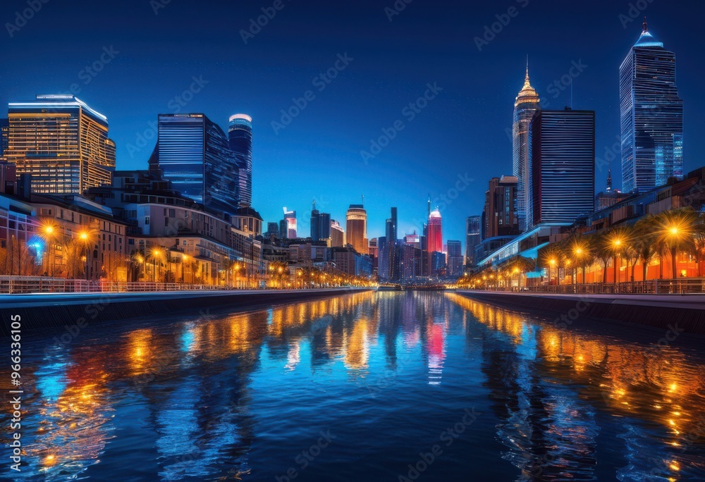 vibrant city skyline twilight showcasing colorful lights dynamic architecture deepening blue sky, buildings, dusk, evening, glow, horizon, illumination vibrant city skyline twilight showcasing colorful lights dynamic architecture deepening blue sky, buildings, dusk, evening, glow, horizon, illumination