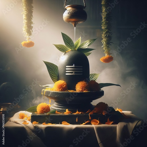 Sacred Shivling with Flowers and Water Dripping in Temple
