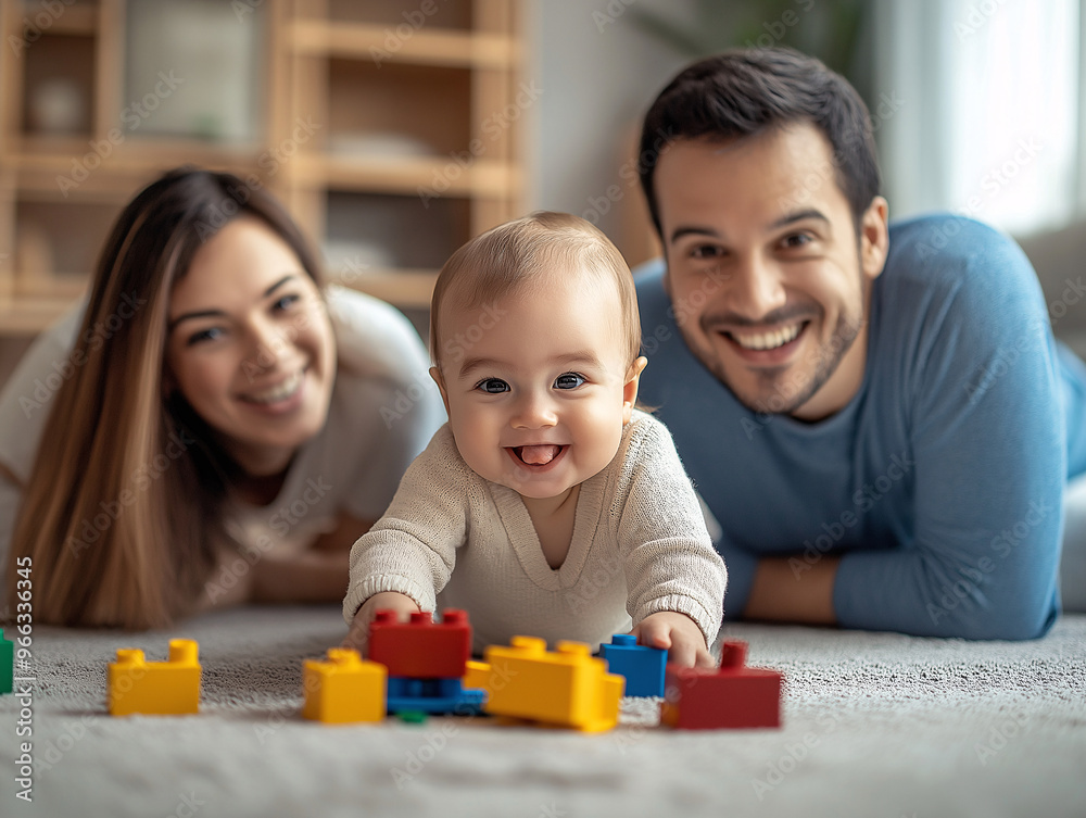 A baby playing with toy blocks while parents watch A baby playing with toy blocks while parents watch
