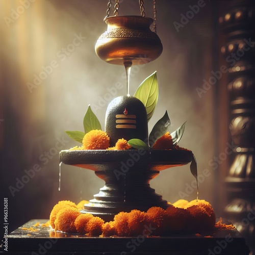 Sacred Shivling with Flowers and Water Dripping in Temple
