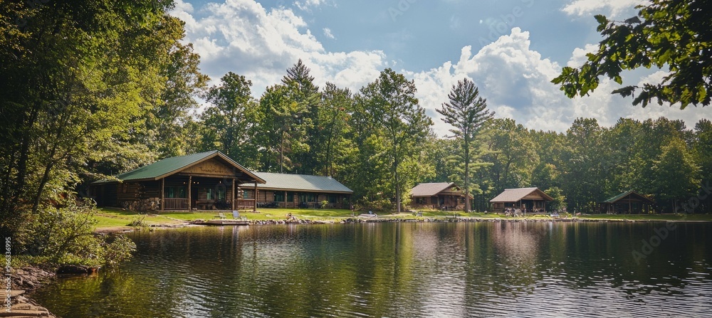 Obraz premium Peaceful lakeside retreat in autumn with cozy wooden cabins, perfect for relaxation and mindfulness practices