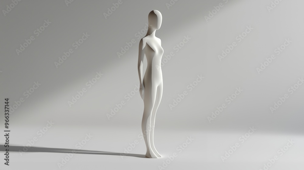 A full body woman figure in ceramic, meticulously crafted with smooth lines and minimalist design, stands elegantly against soft gradient background. A full body woman figure in ceramic, meticulously crafted with smooth lines and minimalist design, stands elegantly against soft gradient background.