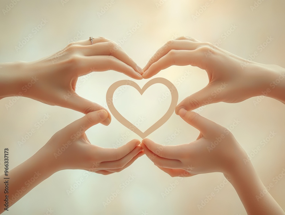 Obraz premium Creating heart shape with their hands, this family symbolizes love and unity in warm, soft atmosphere. gentle expression of togetherness is beautifully captured.