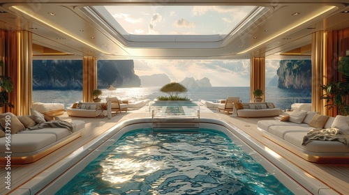 view of a luxury yacht with an indoor pool and modern interior design