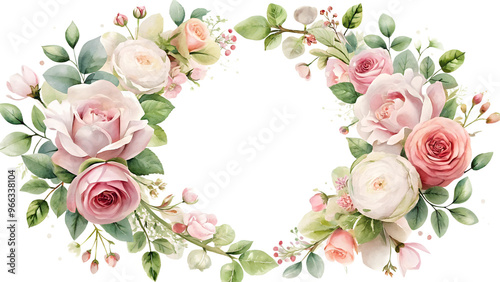 pink and white rose flower border frame isolated on transparent background