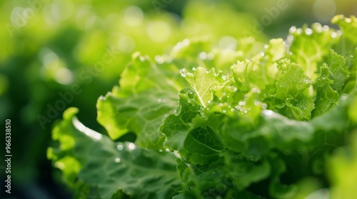 Fresh Green Lettuce Leaves Glistening in Morning Light