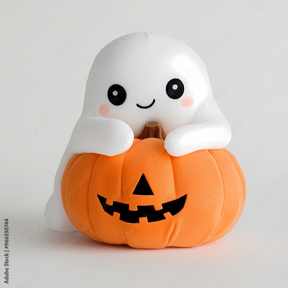 Cute Ghost and Pumpkin: A friendly ghost with a big smile is perched on top of a jack-o-lantern pumpkin, creating a charming and whimsical Halloween scene. Cute Ghost and Pumpkin: A friendly ghost with a big smile is perched on top of a jack-o-lantern pumpkin, creating a charming and whimsical Halloween scene.