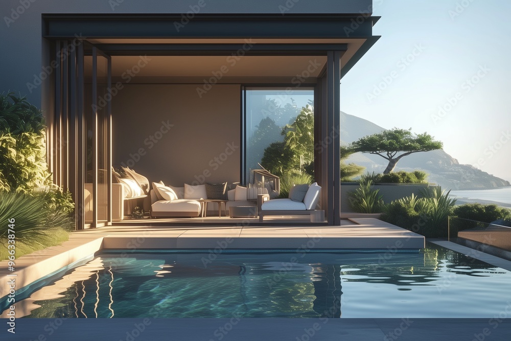 Fototapeta premium Modern living room and patio next to swimming pool