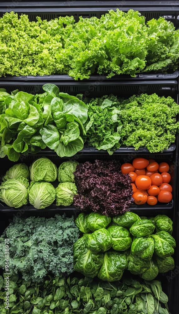 Fresh greens and colorful vegetables beautifully arranged on shelves, showcasing a vibrant selection of healthy produce. Fresh greens and colorful vegetables beautifully arranged on shelves, showcasing a vibrant selection of healthy produce.