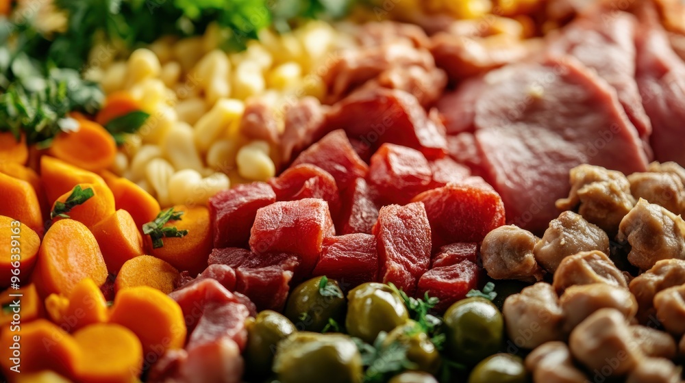 Close-up of a Colorful Food Platter with Carrots, Meat, and Olives Close-up of a Colorful Food Platter with Carrots, Meat, and Olives