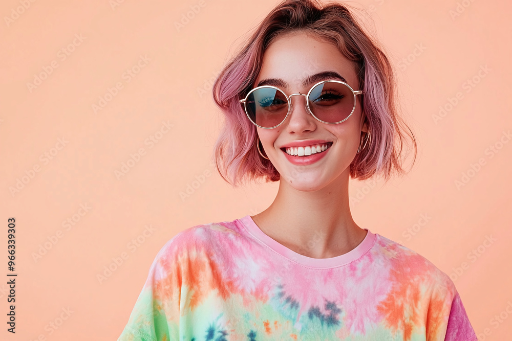 a smiling young woman wearing a tie-dye t-shirt and sunglasses, pastel peach background