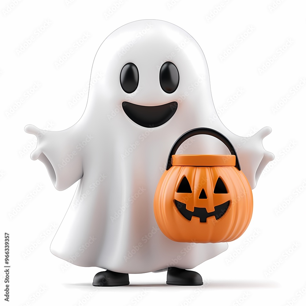 Happy Ghost with Pumpkin Bucket: A friendly, cartoon ghost smiles cheerfully as they hold a pumpkin-shaped bucket, ready to trick or treat for Halloween. This adorable image is perfect for spooky seas Happy Ghost with Pumpkin Bucket: A friendly, cartoon ghost smiles cheerfully as they hold a pumpkin-shaped bucket, ready to trick or treat for Halloween. This adorable image is perfect for spooky seas