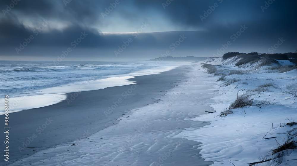 Snow on the beach, winter, A beach covered in snow Snow on the beach, winter, A beach covered in snow