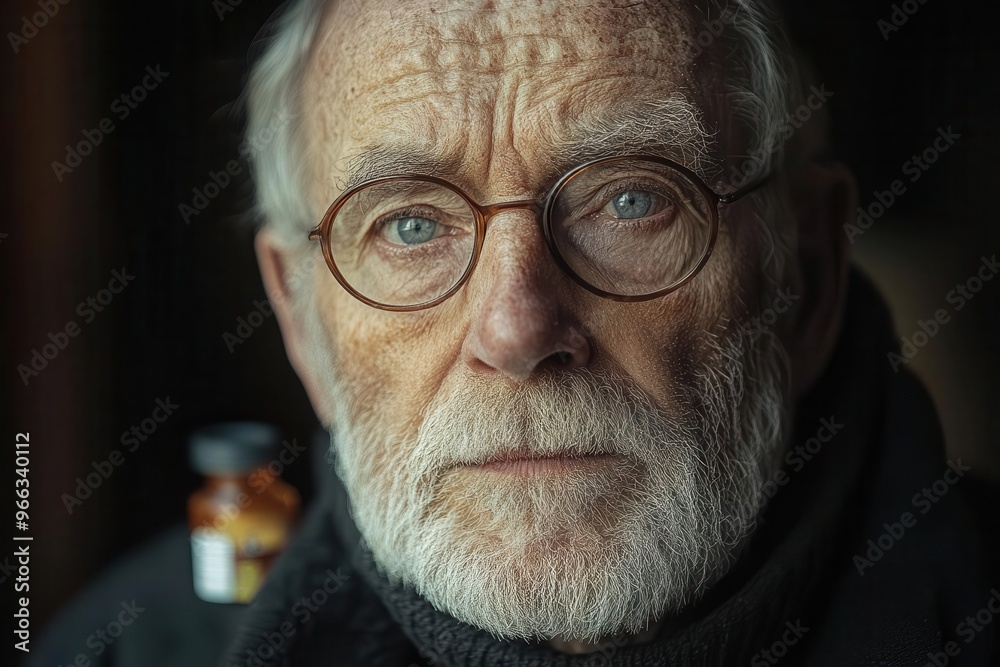 elderly man in dimly lit room contemplative expression medication bottles nearby muted color palette emotional portrait of aging elderly man in dimly lit room contemplative expression medication bottles nearby muted color palette emotional portrait of aging