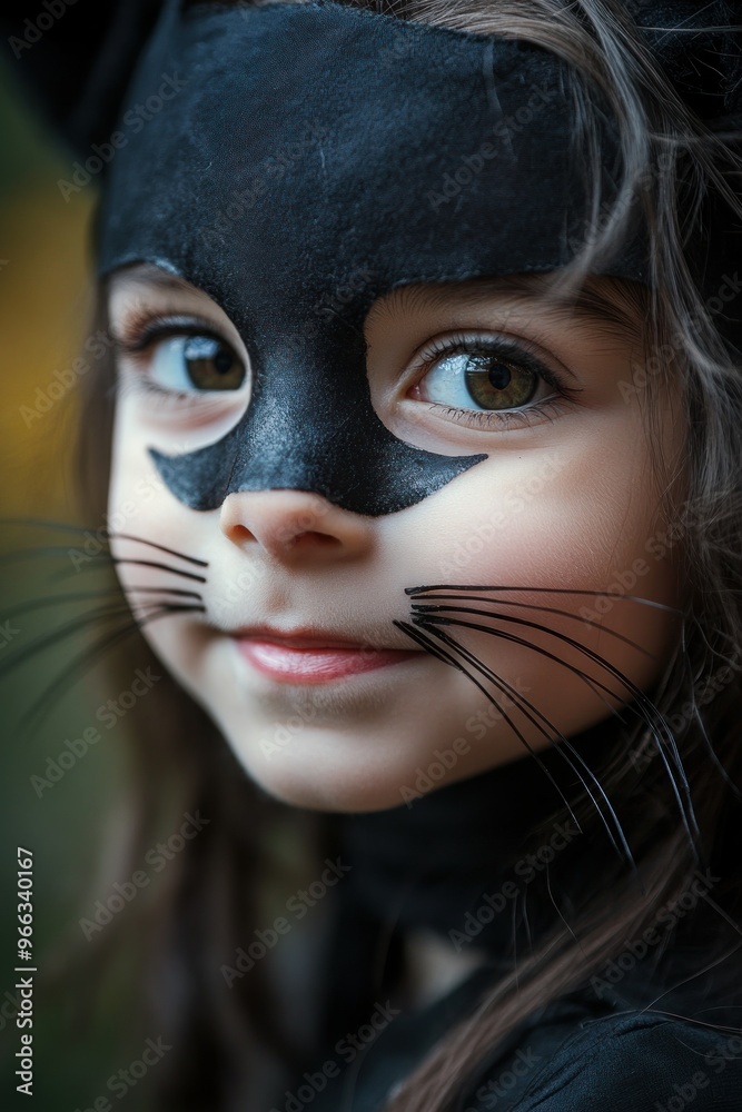 A young child dressed in a cat costume with a black mask and whiskers, smiling playfully. A young child dressed in a cat costume with a black mask and whiskers, smiling playfully.