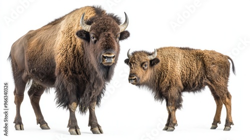 young European bison, with soft fur and emerging horns, stands next to its mother, embodying the bond between them in a serene moment of nature.