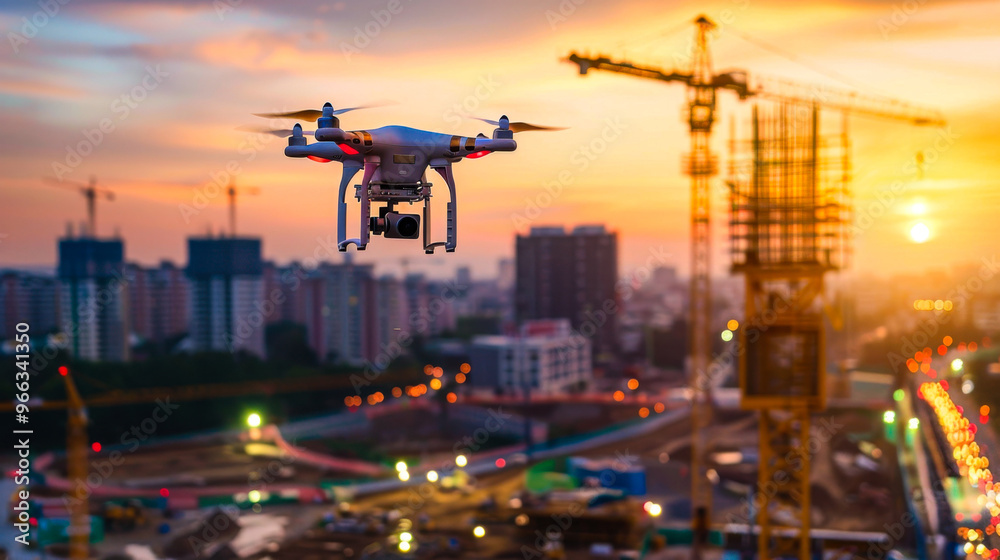 Drone flying over city construction site at sunset Drone flying over city construction site at sunset
