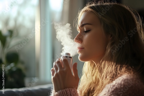 A woman uses a modern steam inhaler to relieve respiratory symptoms