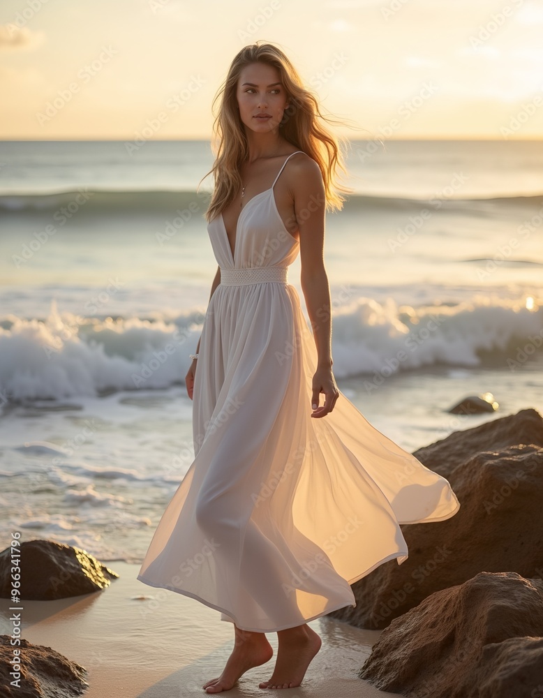 Tranquil fashion model in white dress on rocky beach at sunrise Tranquil fashion model in white dress on rocky beach at sunrise