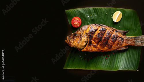 Spicy grilled fish served on banana leaf 