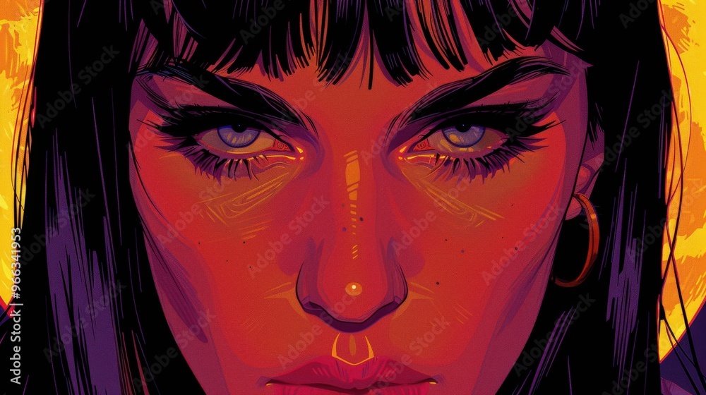 illustration of a woman’s portrait with black bangs and blue eyes illustration of a woman’s portrait with black bangs and blue eyes