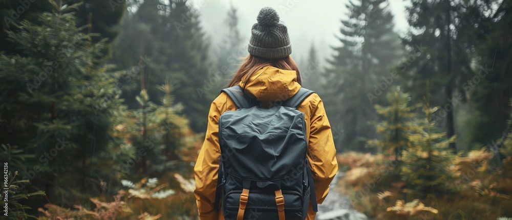 View from behind of a female hiker with a backpack View from behind of a female hiker with a backpack