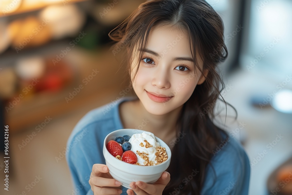 Asian woman eating yogurt for healthy breakfast at home in the morning