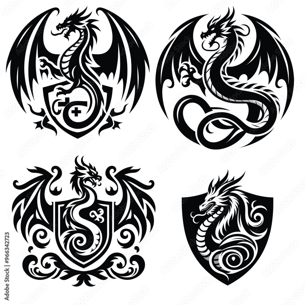 Fototapeta premium Set of black dragon emblems, vector illustration, black and white, fantasy shields decoration