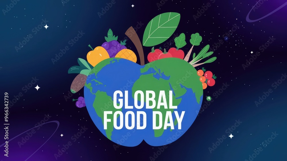 Fototapeta premium Global Food Day Poster Featuring Earth in Apple Shape to Highlight the Importance of Sustainable Food Practices and Reduce Food Waste with a Creative and Informative Design