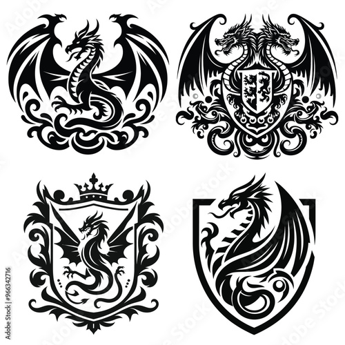 Black dragon crests vector illustration, black and white, heraldic symbol, medieval fantasy art