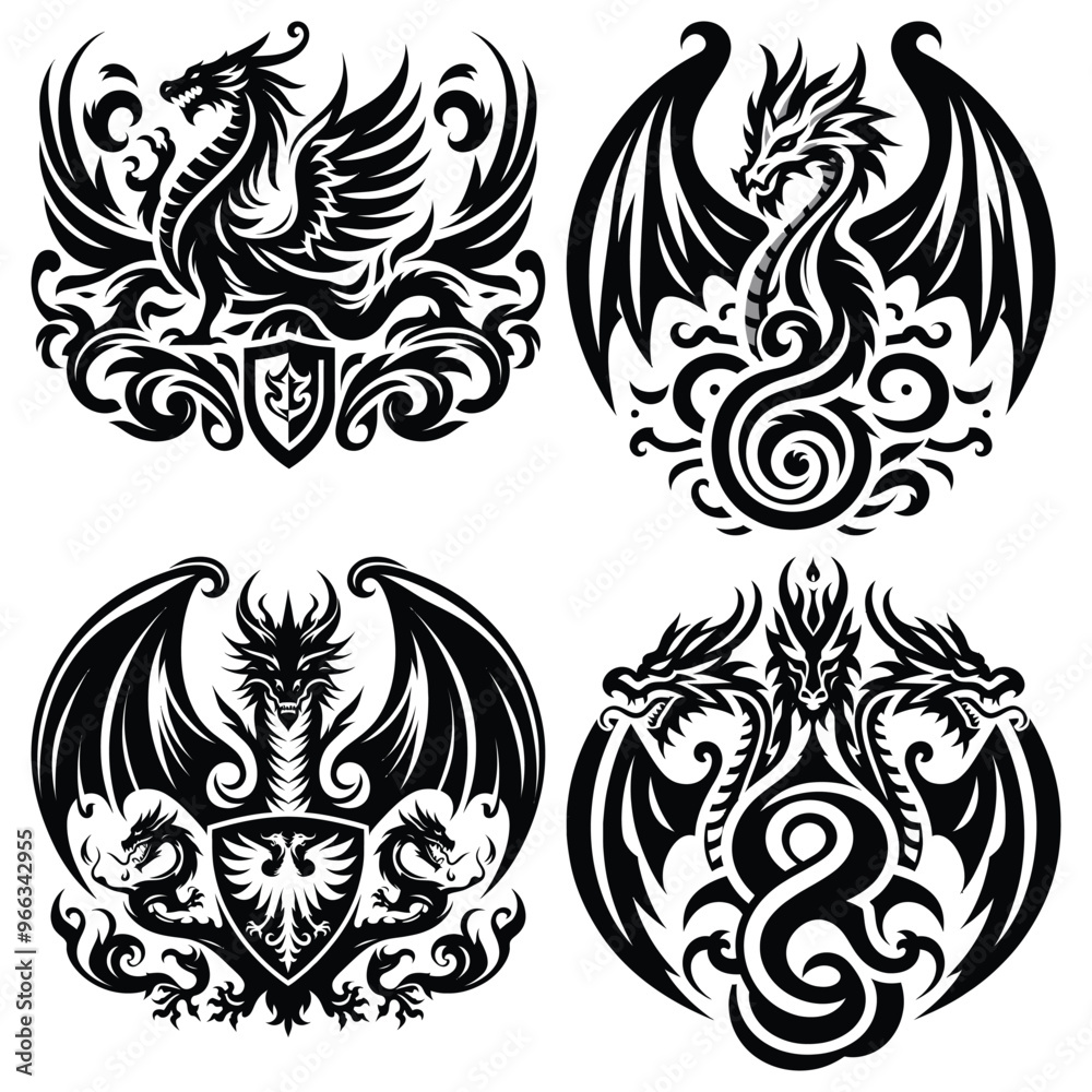 Intricate black and white dragon emblems vector illustration, tattoo design elements, fantasy art Intricate black and white dragon emblems vector illustration, tattoo design elements, fantasy art