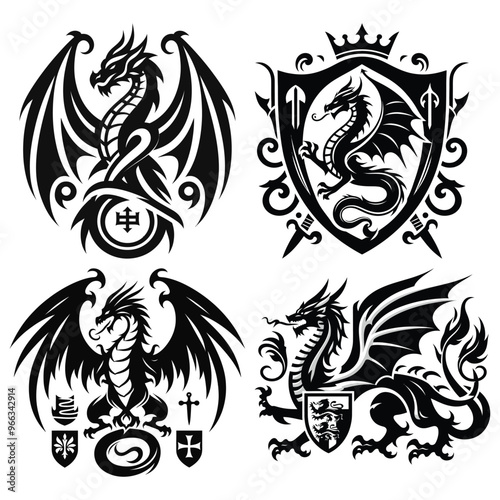 Black and white dragon illustrations in medieval style, vector file, fantasy-themed crest design