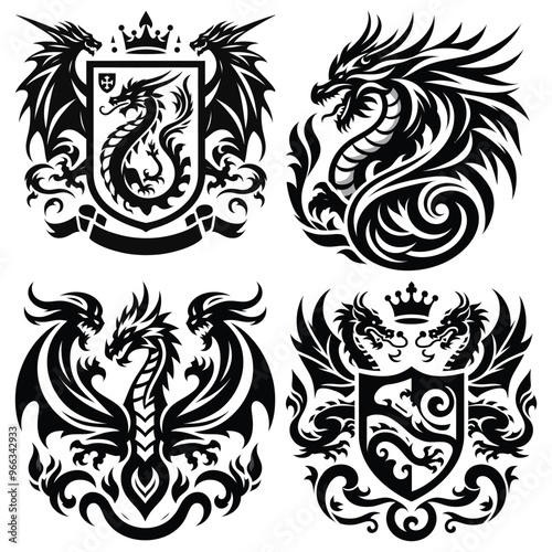 Black tribal dragon designs, vector illustration with heraldic elements, medieval fantasy themes