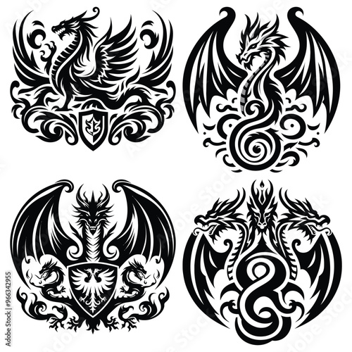 Intricate black and white dragon emblems vector illustration, tattoo design elements, fantasy art