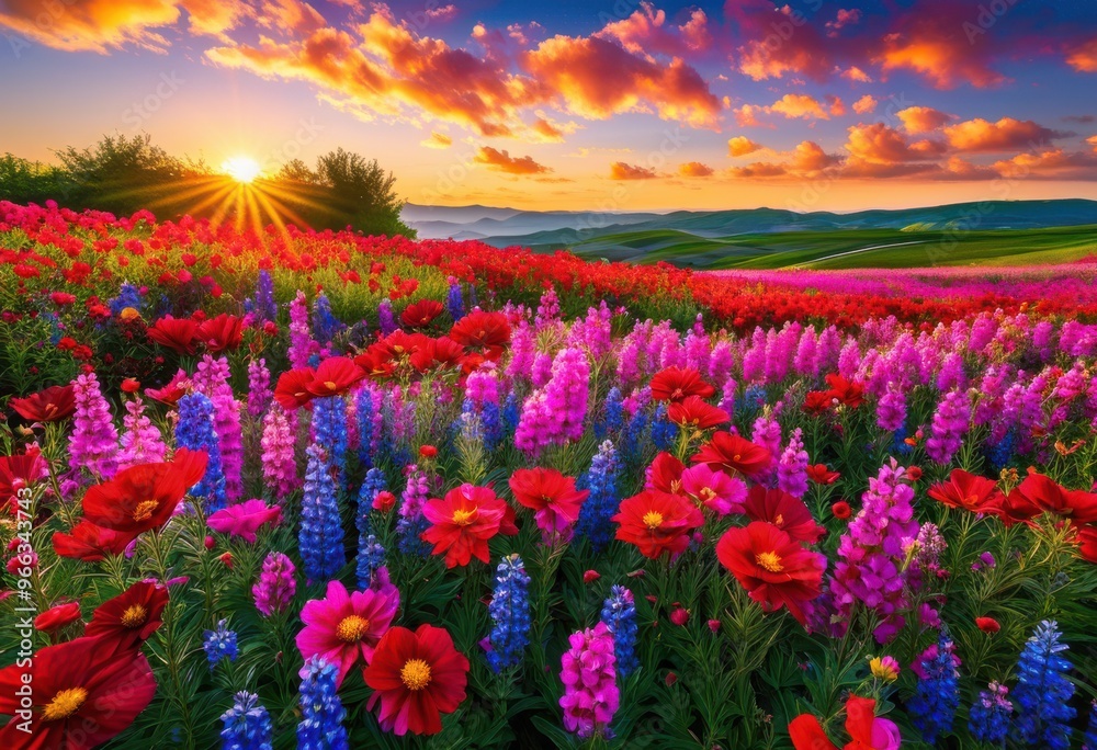 Fototapeta premium vibrant flower fields under clear azure skies showcasing colorful blossoms lush greenery picturesque landscape, bloom, petal, plant, garden, meadow, wildflower