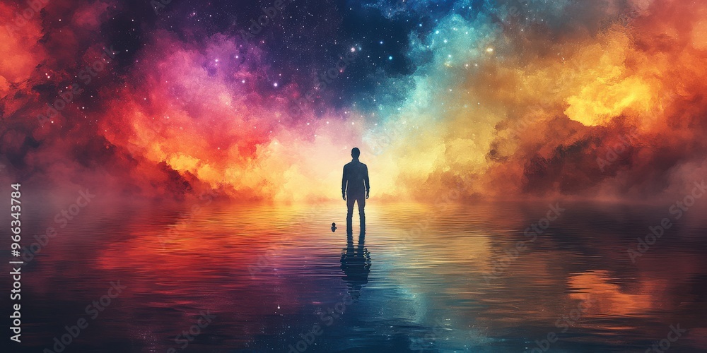 Meditation Silhouette Under Star-Filled Universe with Full Moon Meditation Silhouette Under Star-Filled Universe with Full Moon